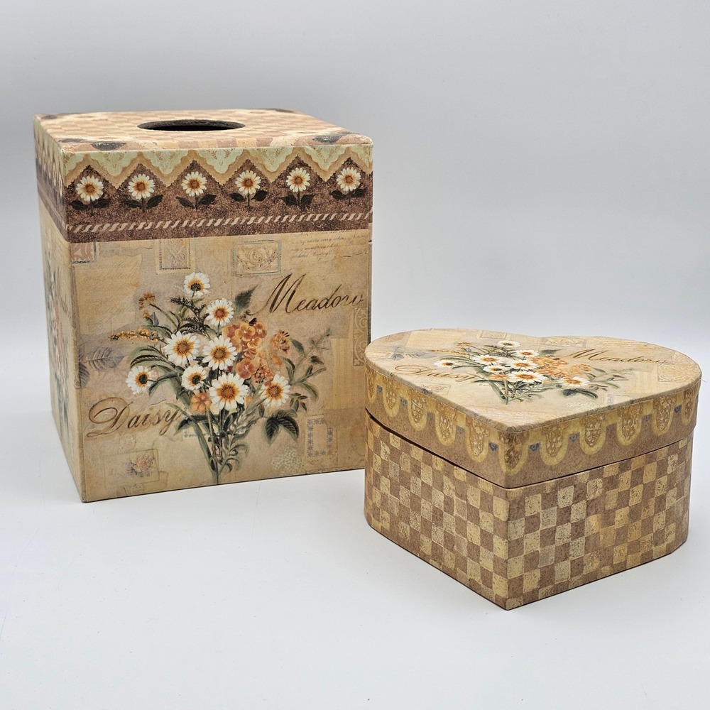 Vintage Lang Bob's Boxes Daisy Meadow Tissue Box Cover Heart Box Set Cottagecore
